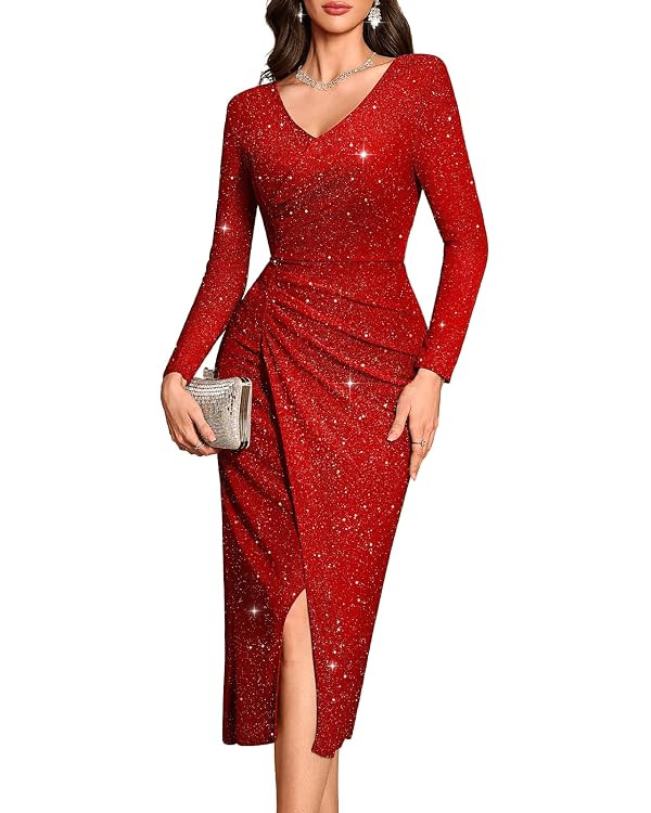 Bbonlinedress Women Maxi Long Split V Neck Wrap Wedding Guest Dress Long Sleeve Glitter Sequin fo... | Amazon (US)