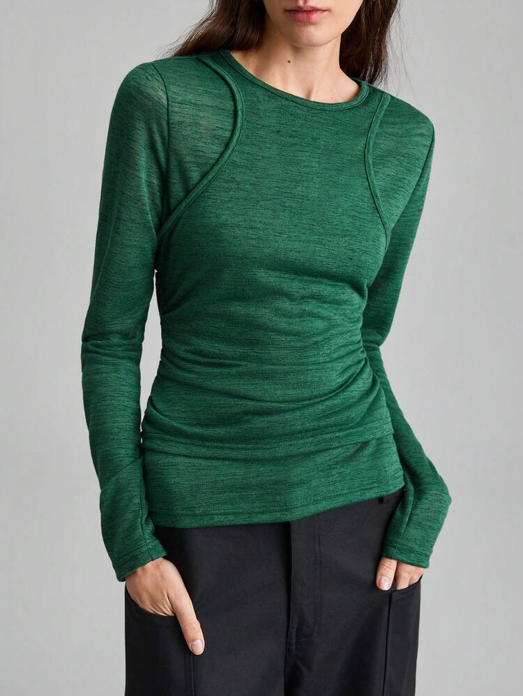 Ontre Maglietta A Maniche Lunghe Da Donna Con Collo Rotondo, Basic A 2 In 1, Aderente, Versatile, Adatta Per Pendolarismo Urbano, Casual Business, Abbigliamento Da Ufficio, Elegante Per Feste Di San Valentino, Top Basic Nero Per Uscite, Top A Maniche Lunghe Verde | SHEIN