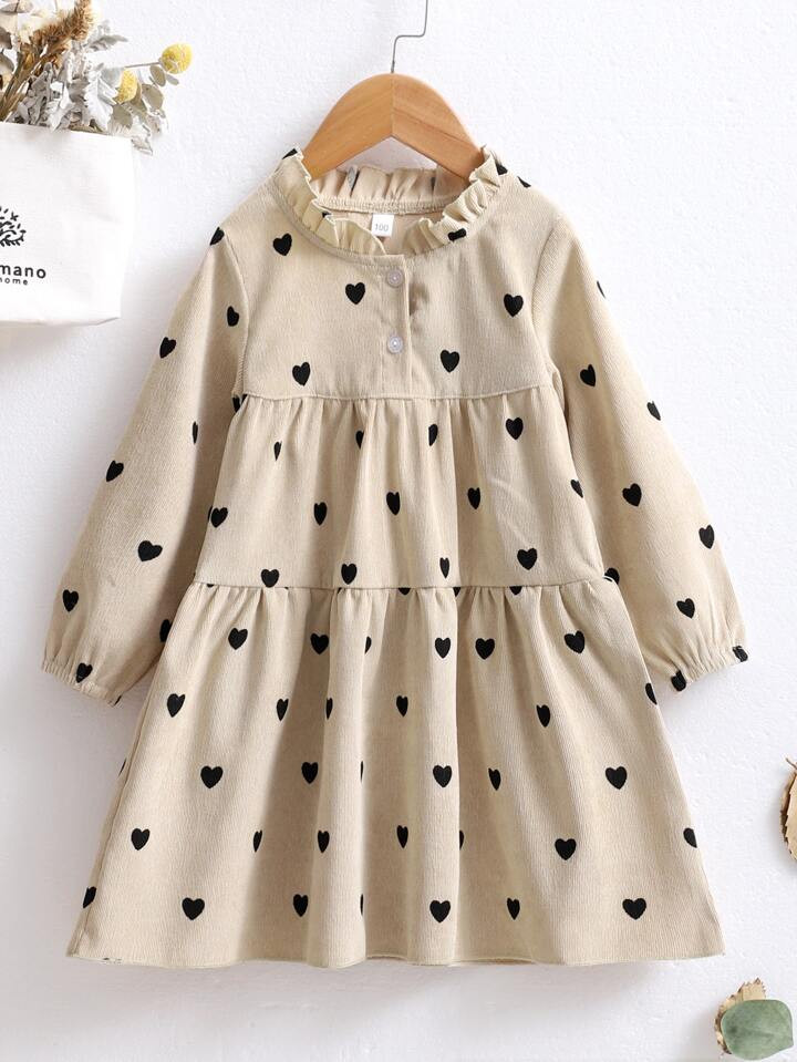 Young Girl Frill Neck Heart Print Corduroy Smock Dress | SHEIN