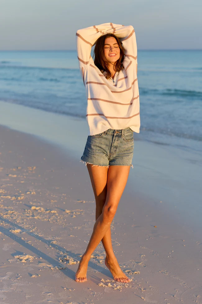 Sunday Stripe Club White And Taupe Quarter Zip | Pink Lily