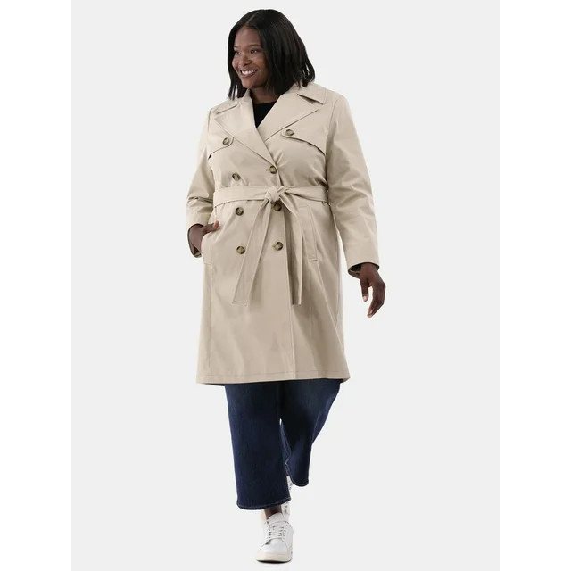 Time and Tru Double Breasted Trench Coat, Women's and Women’s Plus | Walmart (US)