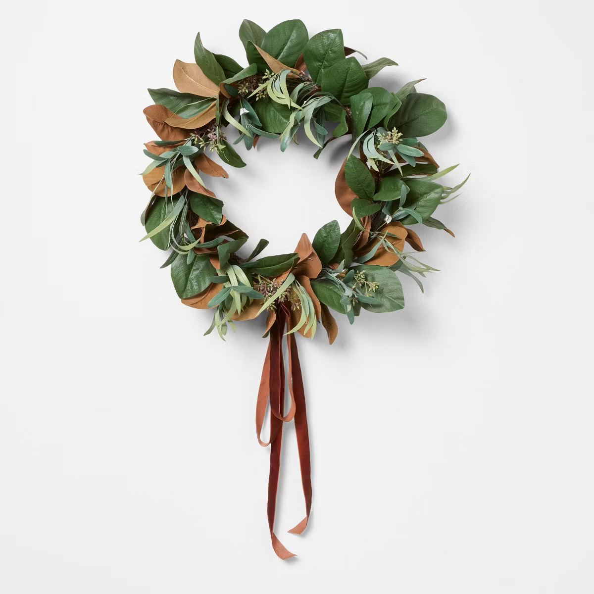 Magnolia and Olive Artificial Wreath with Ribbon Brown - : Indoor Decor, Unlit, Polyester - Thres... | Target
