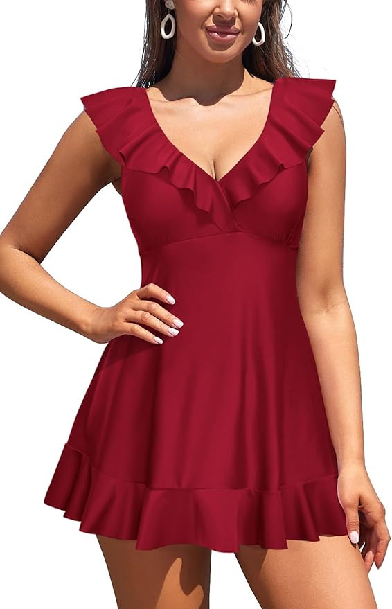SHEKINI Women's V Neck One Piece Swimdress Ruffle Trim Skirted Bathing Suits | Amazon (US)