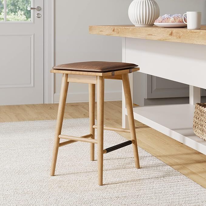 Nathan James Barker Classic Counter Height Wood Barstool with Leather Removable Cushion, Backless... | Amazon (US)
