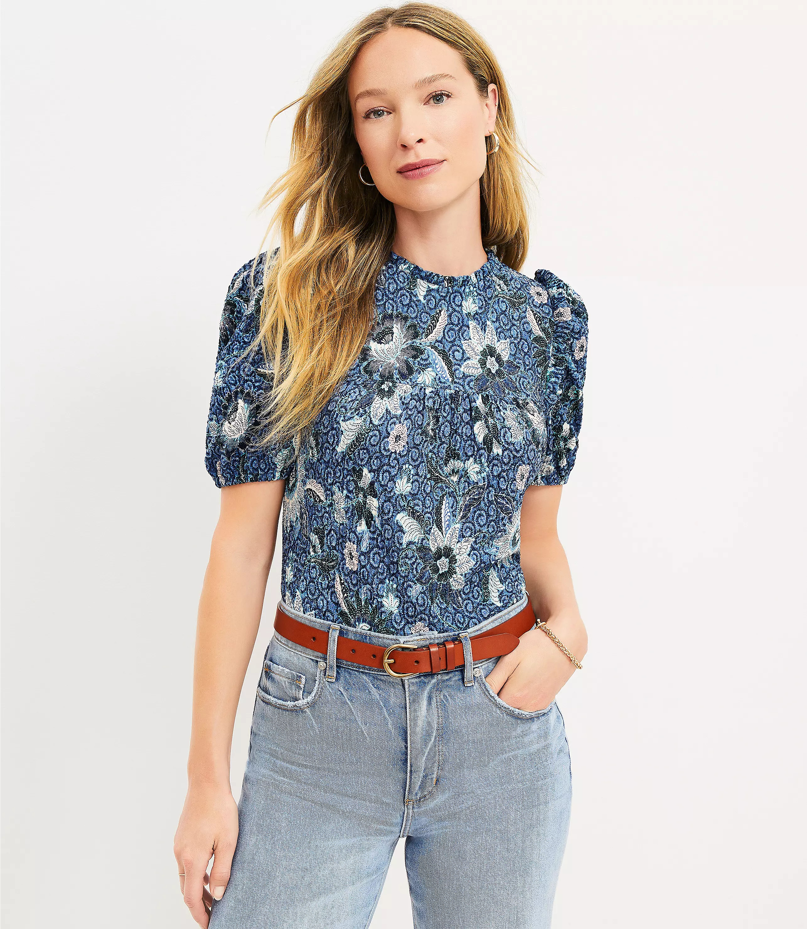 Dahlia Textured Ruffle Puff Sleeve Top | LOFT