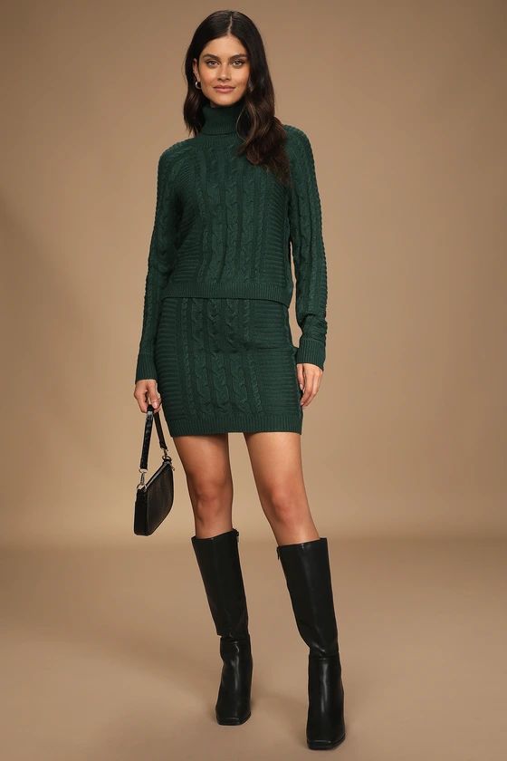 In the Cards Dark Green Cable Knit Two-Piece Sweater Dress | Lulus (US)
