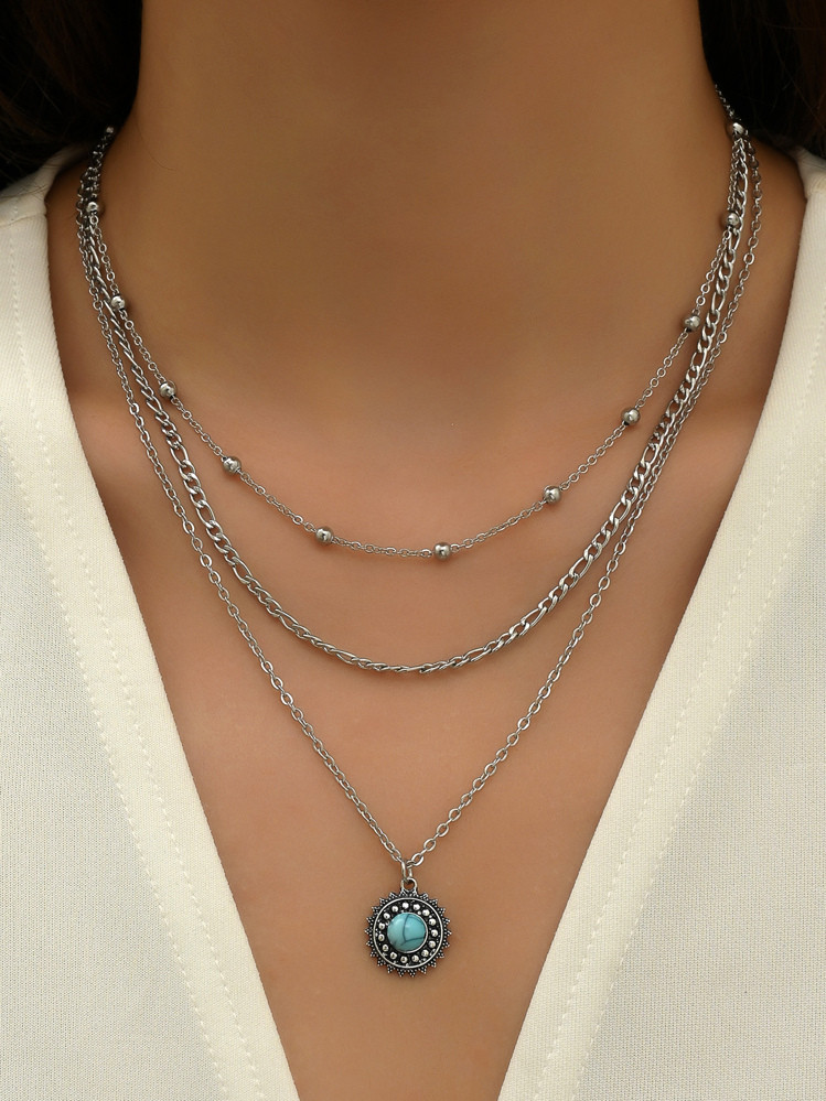 A0186 1pc Bohemian Turquoise Sunflower Pendant Multi-layer Necklace Women's Round Ball Collarbone... | SHEIN