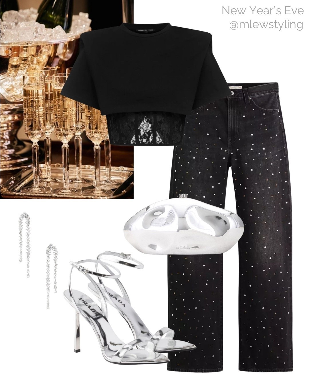 Outfit for NYE 🥂🥂

Tags: New Year’s Eve party outfit, Prada silver high heeled sandals, statement earrings, silver Olga berg clutch, Levi’s black sparkle jeans, holiday look, Christmas outfit, winter date night, drinks with friends 

#LTKSeasonal #LTKHoliday #LTKootd