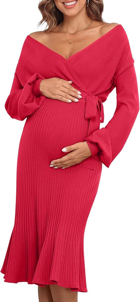 V FOR CITY Maternity Sweater Dress Women Spring Wrap V Neck Pleated A Line Waist with Belt Pregna... | Amazon (US)