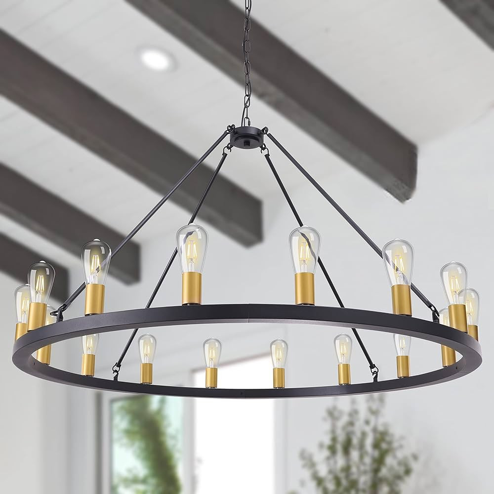 Wellmet Black Gold Wagon Wheel Chandelier 47 inch, 16 Lights Modern Farmhouse Extra Large Round P... | Amazon (US)