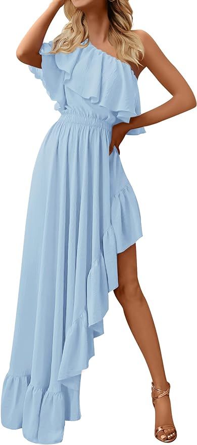 ZESICA Women's 2024 Summer Boho One Shoulder Sleeveless Ruffle Asymmetrical High Low Flowy Prom G... | Amazon (US)