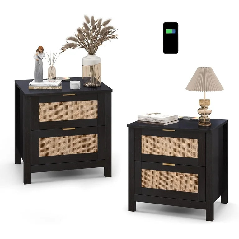 AODAILIHB Accent Bed Side Table, Rattan Night Stands Decor Drawer set of 2, Natural Wood Side Tab... | Walmart (US)