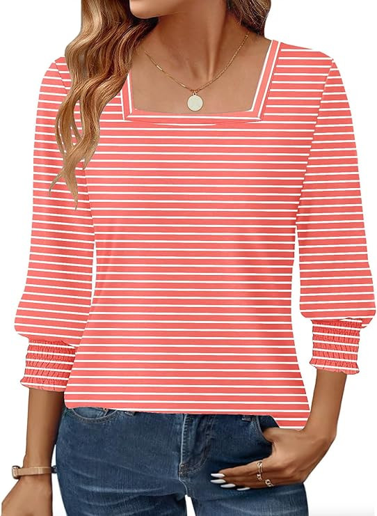 Womens 3/4 Sleeve Shirts Square Neck Dressy Casual Blouses Spring Summer Smocked Cuffs Tops | Amazon (US)