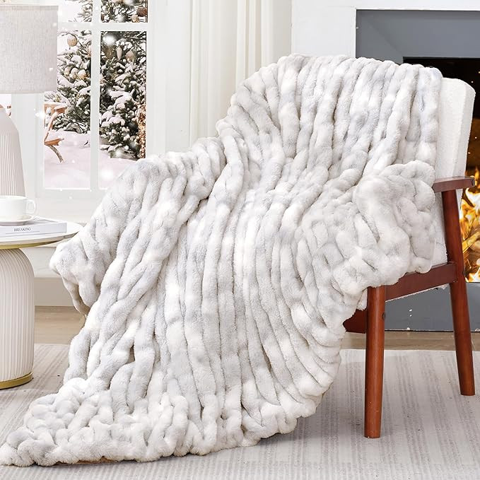 Touchat Ruched Faux Rabbit Fur Throw Blanket, 700 GSM Luxury Dual-Sided Soft Cozy Blanket, Fuzzy ... | Amazon (US)