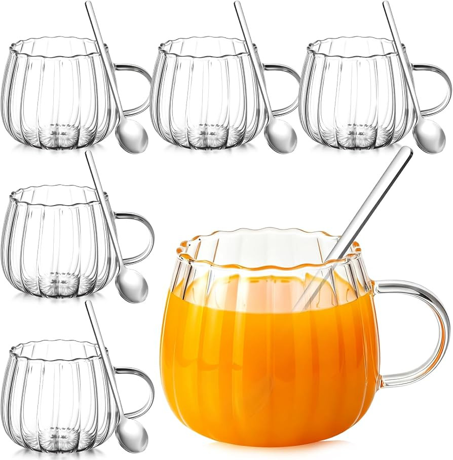 Layhit 6 Sets Pumpkin Shaped Glass Coffee Mugs with Spoons 13.5 oz Clear Tea Cups with Handle Min... | Amazon (US)