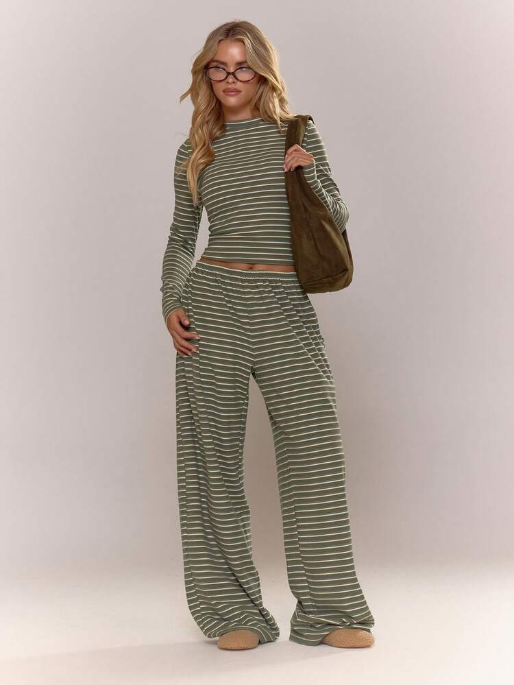 MUSERA Striped Fitted Long Sleeve Crew Neck Top Fall Autumn Cosy Cute Casual Coffee Club Elegant Spring Summer | SHEIN