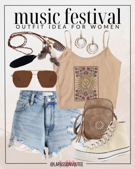 Embrace the free-spirited vibes of the festival season with a bold graphic print crop cami top paired with denim shorts. Add a touch of bohemian flair with a tasseled hairband, statement boho earrings, and stylish sunglasses. Complete the look with a boho crossbody bag and comfy Converse sneakers. Let your style speak volumes! 🌟

#LTKstyletip #LTKFestival #LTKfindsunder100