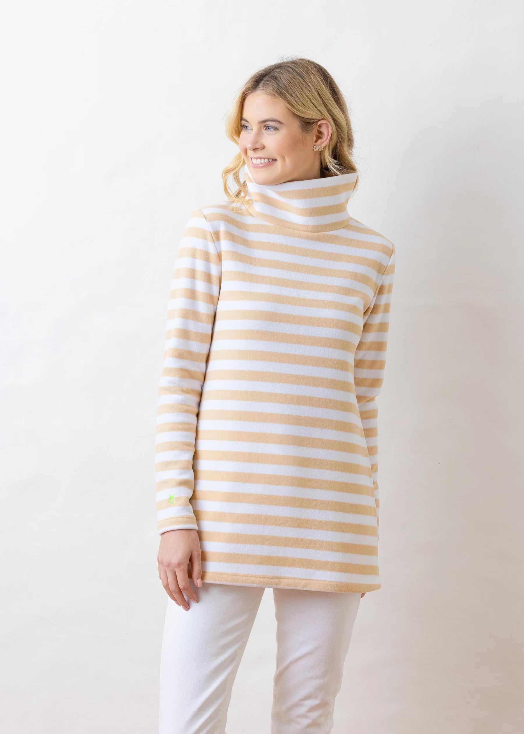 Cobble Hill Turtleneck in Striped Fleece (Natural Blush / White) | Dudley Stephens