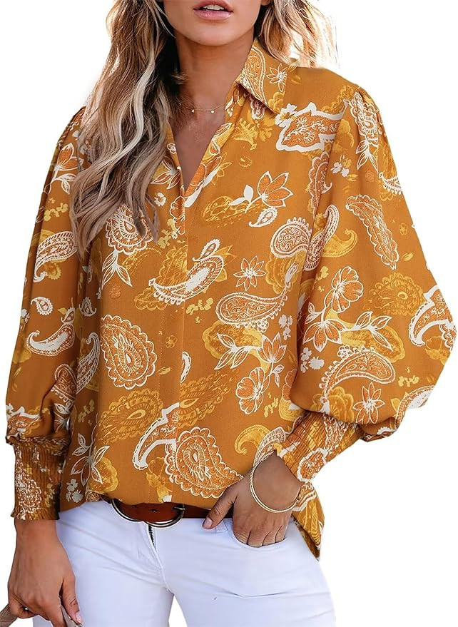 Astylish Women 2026 Loose V-Neck Shirts Paisley Print Lantern Sleeve Blouse Boho Tops | Amazon (US)