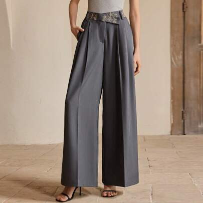 Elegant Floral Embroidered Wide-Leg Women Dress Pants, Suitable For Valentine's Day, New Year, Casual Old Money, Minimalist | SHEIN