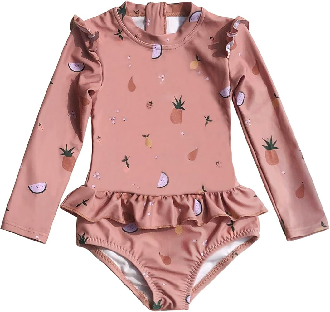 Girls Long Sleeve Swimsuits One Piece Rash Guard Bathing Suit with Ruffle Butt | Amazon (US)