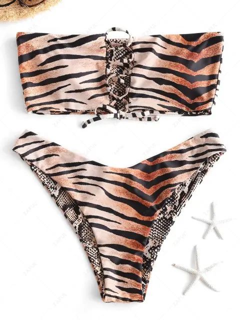 ZAFUL Animal Print Lace-up Reversible Bikini Swimsuit - Multi-b S | ZAFUL (Global)