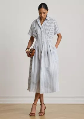 Lauren Ralph Lauren Women's Striped Pleated Broadcloth Shirtdress, Blue, 14 | Belk