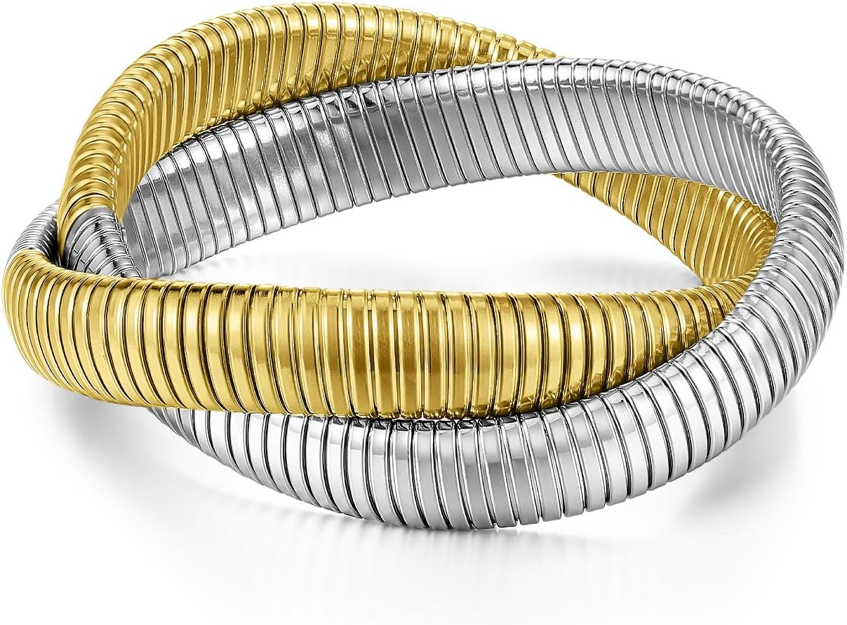 Emibele Gold Bangles Bracelet Set for Women, 18K Gold Plated Chunky Stainless Steel Non Tarnish Stretch Bracelet Stack, Flexible Wide Wristband Bangle Layered Snake Chain Bracelets | Amazon (US)