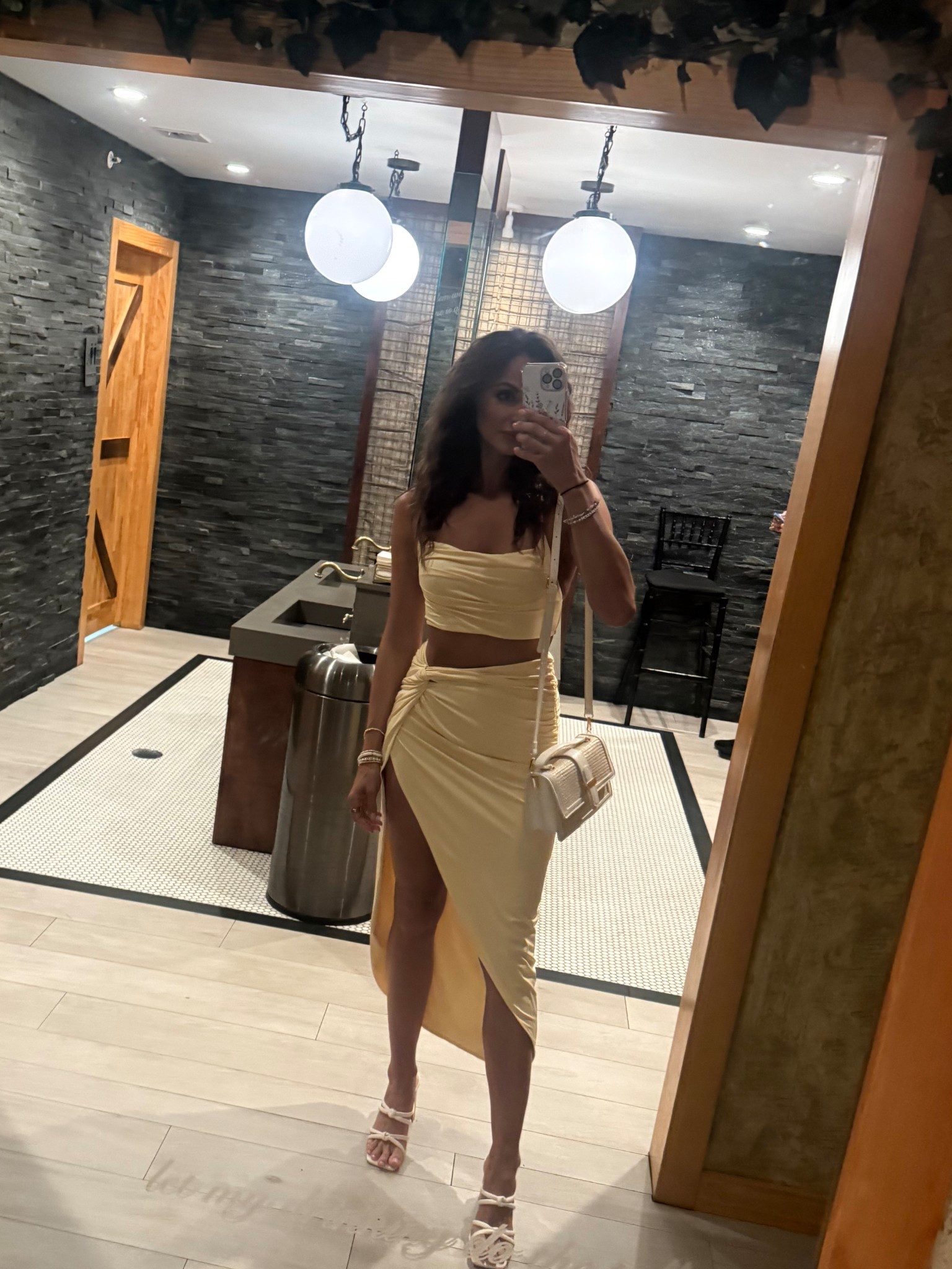 Butter yellow two piece dress, white heels, and purse all #amazonfinds 