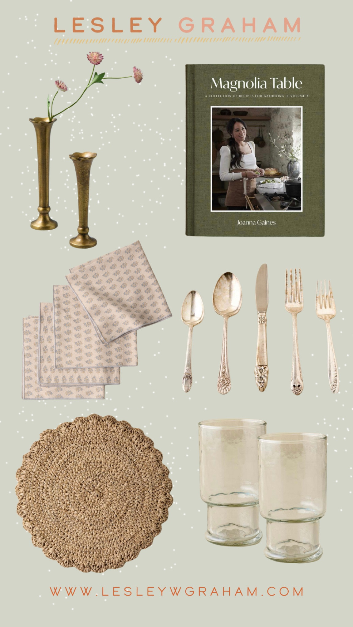 An evening with Magnolia. My favorite table setting pieces from the Nashville event. Bud vases that serve as taper candle holders also. Magnolia cookbook. Block print napkins. Beautiful vintage style flatware. Woven placement. Tumble glasses. 

#LTKhome #LTKstyletip