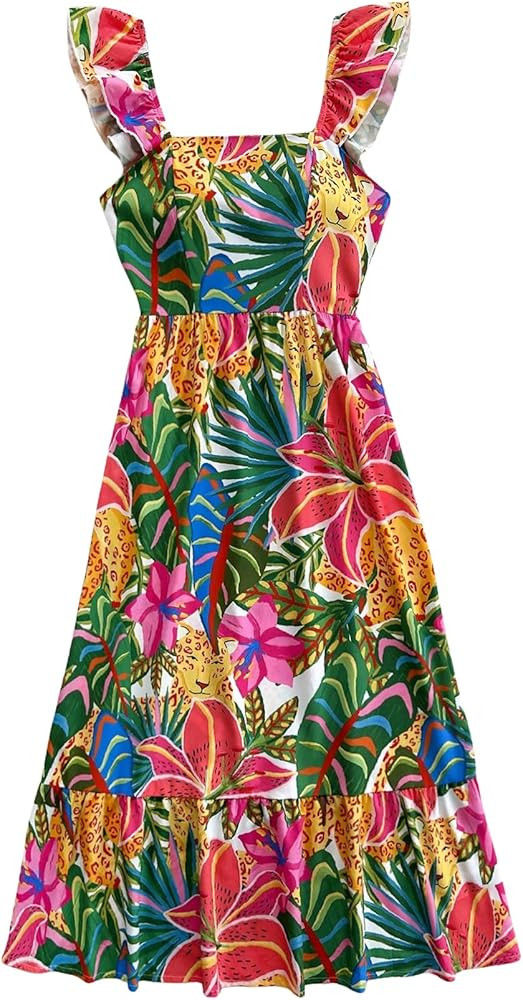 SOLY HUX Women's Summer Tropical Midi Dresses Square Neck Beach A-Line Sun Casual Boho Floral Pri... | Amazon (US)