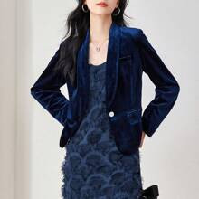 Ladies Solid Color Velvet Blazer With Shawl Collar | SHEIN