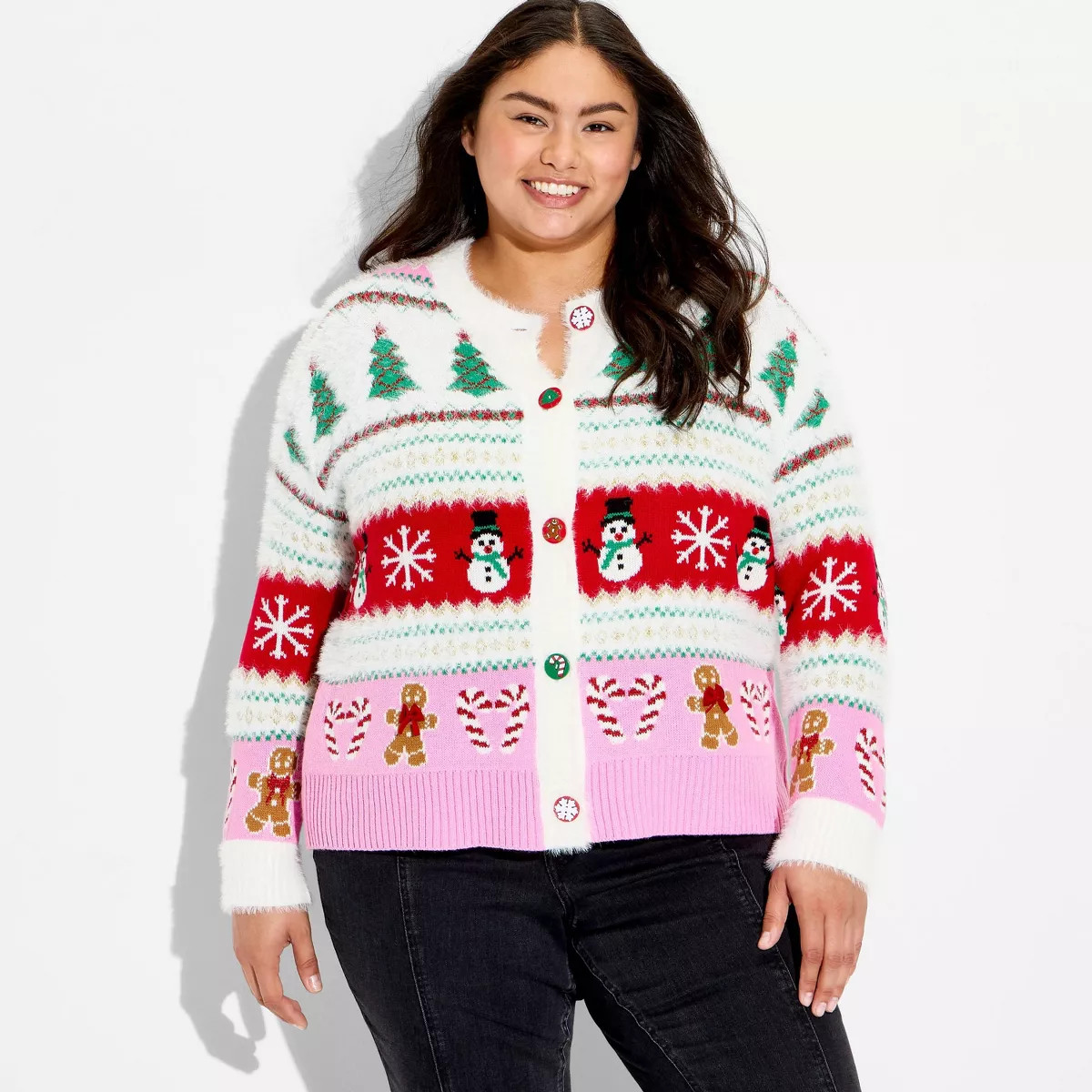 Women's Holiday Icons Festive Graphic Cardigan - Cream 2X | Target