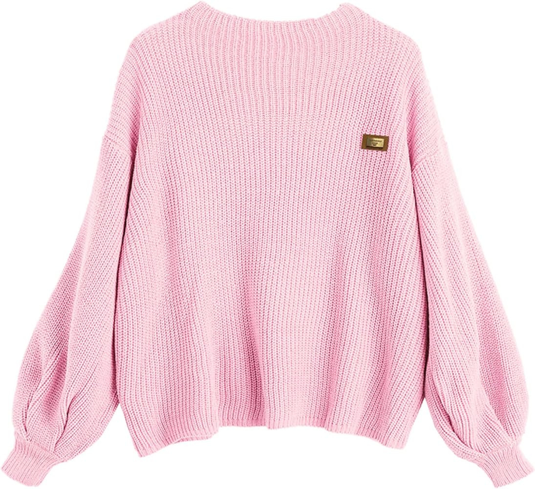 ZAFUL Fall Women Crewneck Long Lantern Sleeves Oversized Knit Sweater Badge Pullover Solid Ribbed... | Amazon (US)