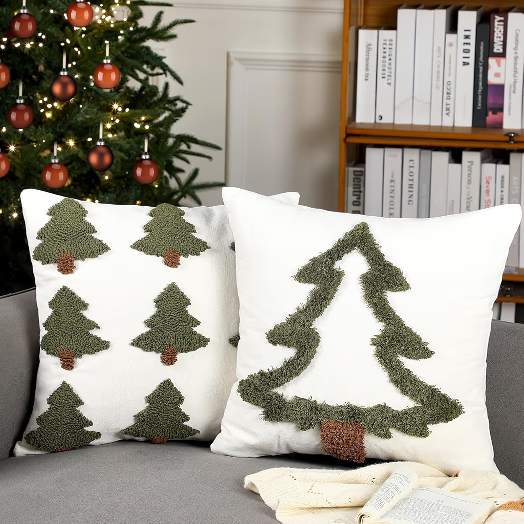 2 Pcs Tufted Christmas Tree Throw Pillow Cover 18 x 18 Inch Winter Throw Pillow Covers White Deco... | Amazon (US)