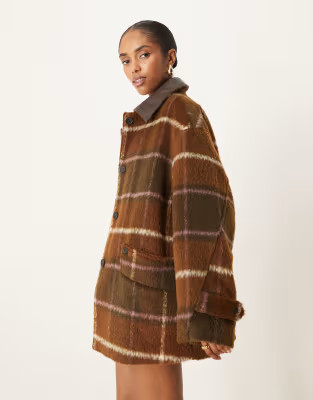 ASOS DESIGN oversized leather look collar jacket in brown check | ASOS | ASOS (Global)