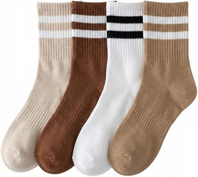 Womens Striped Crew Socks Cotton Cozy Casual Athletic Long Socks for Women 4 Pairs | Amazon (US)