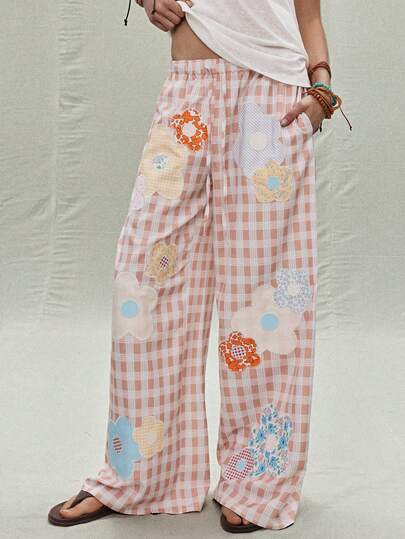 SoleilVie Vintage Checkered Floral Patched Wide-Leg Pants Flower Pants Patchwork Pants Pattern Pa... | SHEIN