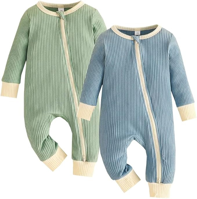 Bafeicao Unisex Baby Boy Girl 2 Pack Rompers Long Sleeve Two Way Zipper Romper One Piece Jumpsuit... | Amazon (US)