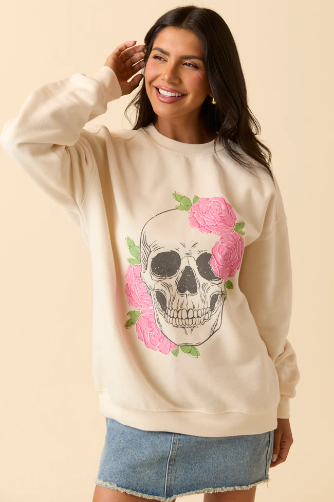 Skull and Roses Cream Graphic Sweatshirt | Pink Lily