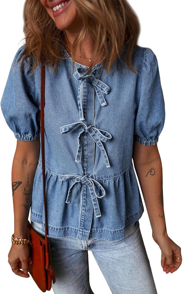 Deer Lady Women's Blouses Tie Front Babydoll Bubble Short Sleeve Shirt Peplum Crewneck Denim Shir... | Amazon (US)