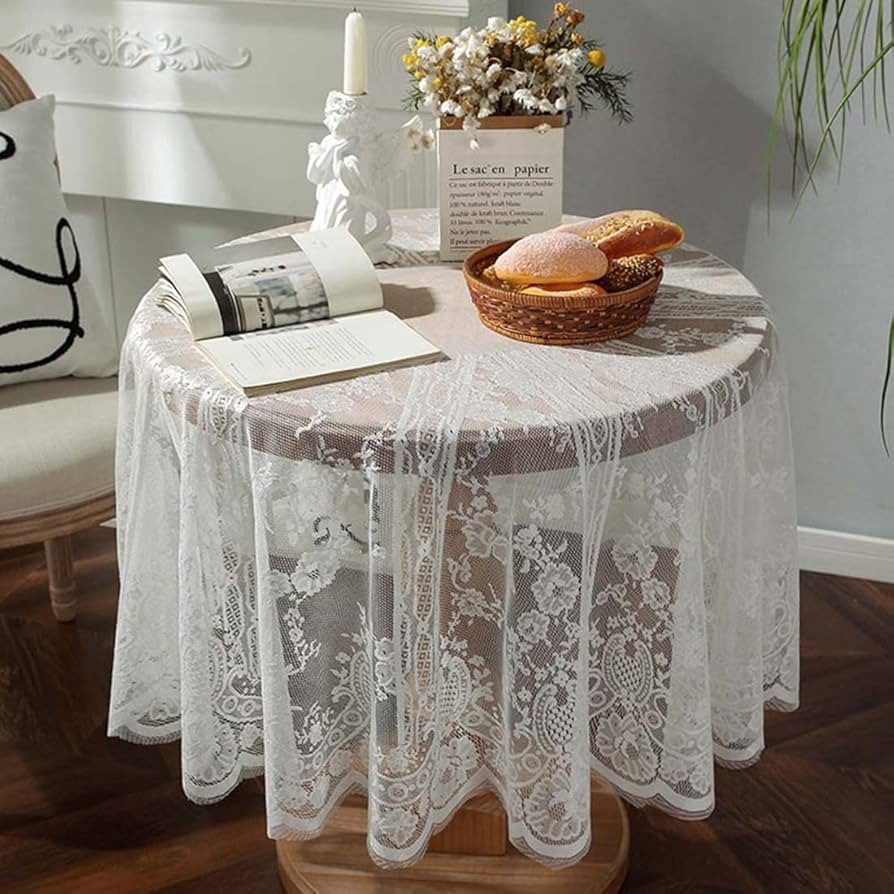 Vintage 60 inch White Lace Tablecloth Floral Embroidered Boho Shabby Chic Small Table Cover for W... | Amazon (US)