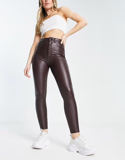 Pull&Bear high waisted faux leather skinny pants in burgundy | ASOS (Global)