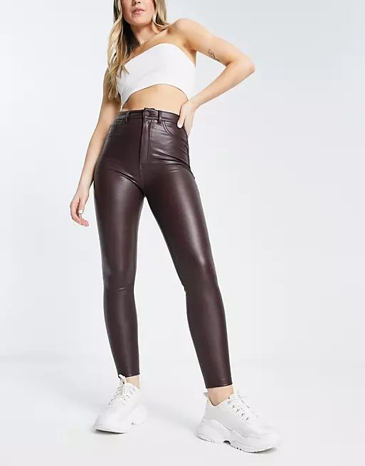 Pull&Bear high waisted faux leather skinny pants in burgundy | ASOS (Global)