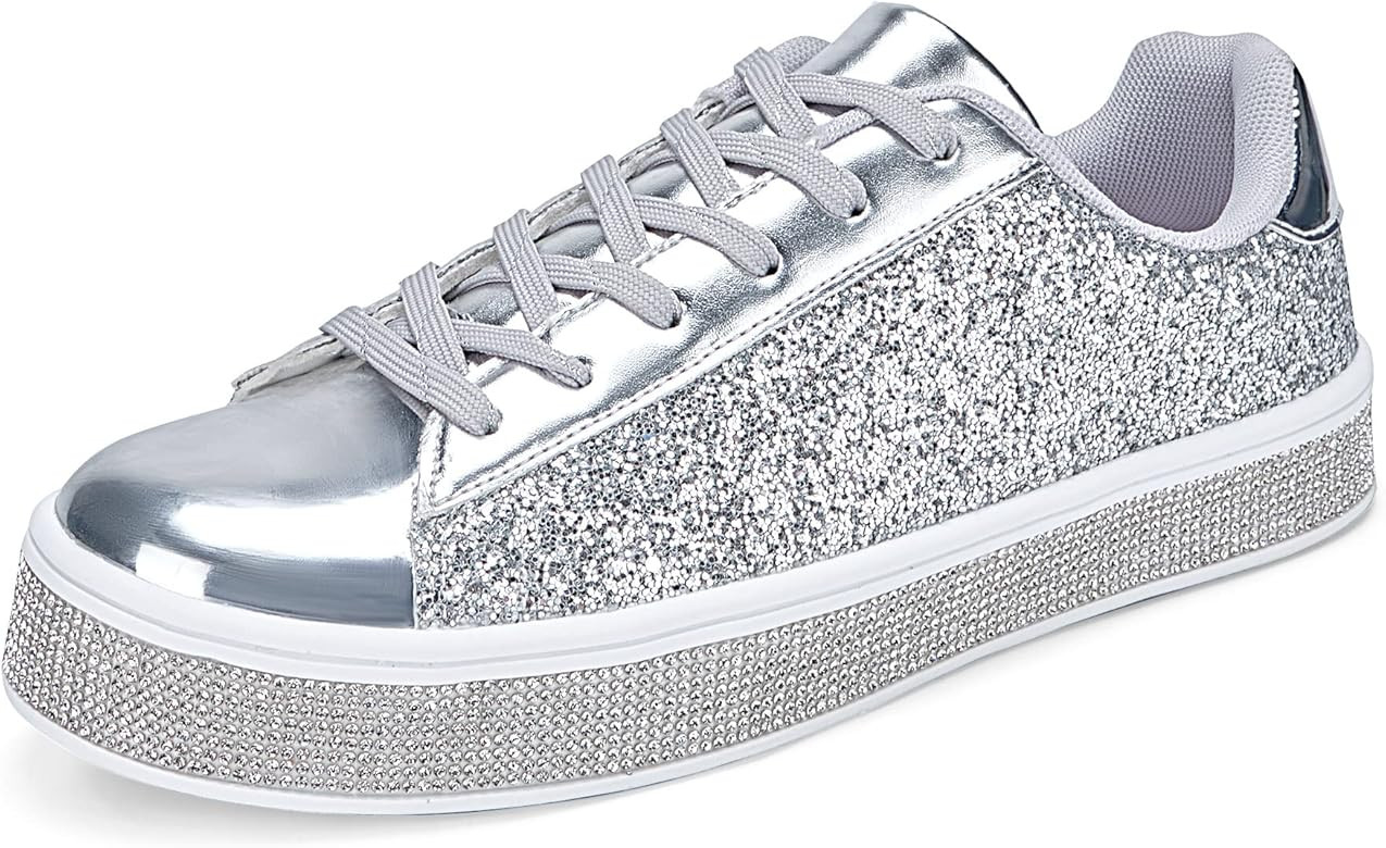 UUBARIS Women's Glitter Tennis Sneakers Neon Dressy Sparkly Sneakers Rhinestone Bling Wedding Bri... | Amazon (US)