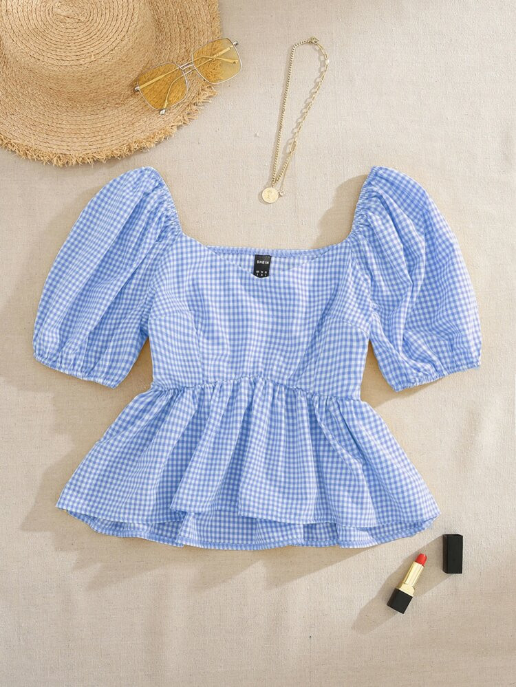 SHEIN VCAY Puff Sleeve Ruffle Hem Gingham Blouse | SHEIN