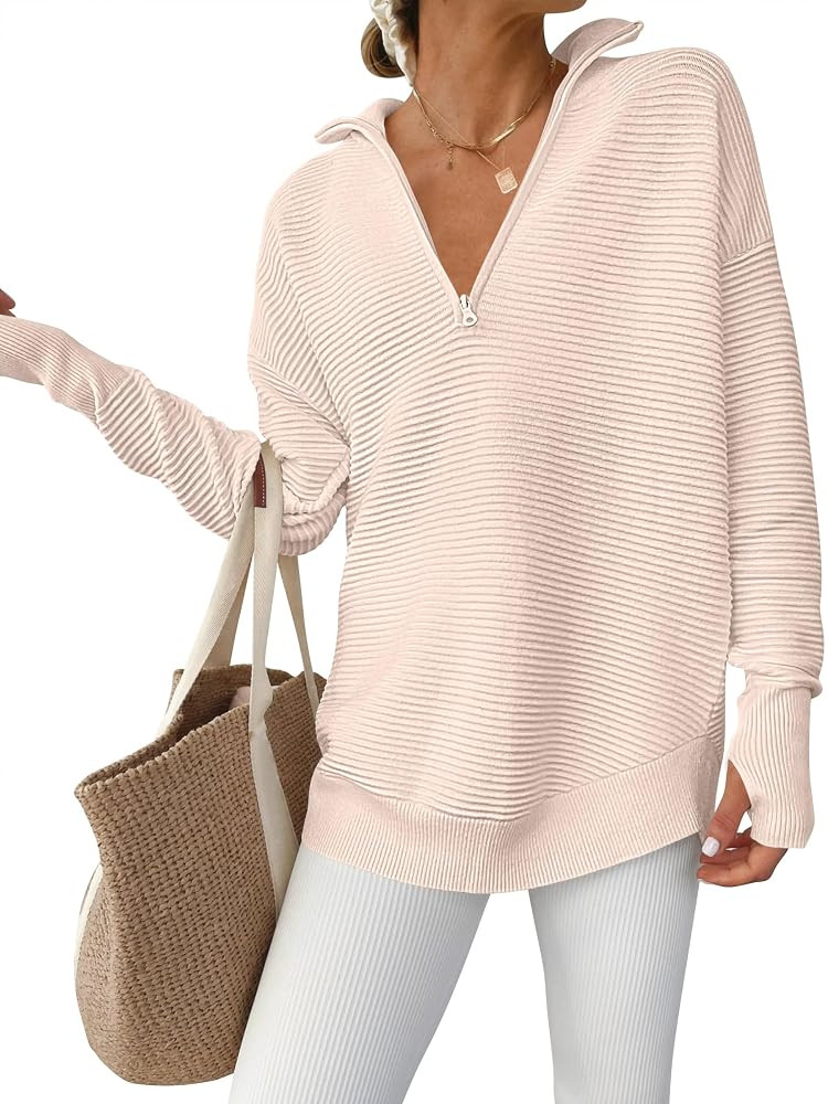 ANRABESS Womens Long Sleeve Quarter Zip Pullover Sweater Casual Loose V Neck Collared Ribbed Knit... | Amazon (US)