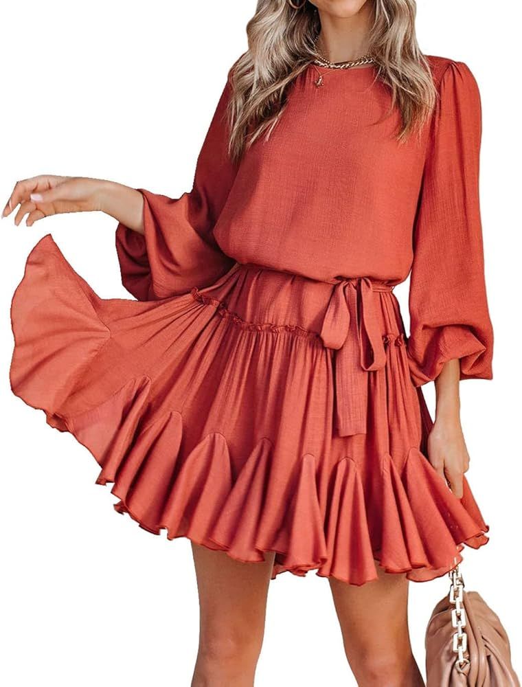 R.Vivimos Women's Fall Cotton Long Sleeves Casual Ruffle Hem Swing Mini Dress with Belt | Amazon (US)