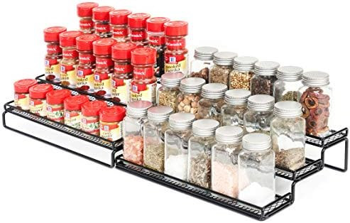 Spice Rack Cabinet Organizer, 3 Tier Expandable Pantry Display Shelf with Protection Railing (Bla... | Amazon (US)
