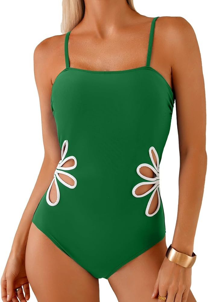Herseas Women's One Piece Swimsuits Adjustable Spaghetti Straps Floral Cutout Bathing Suits Beach... | Amazon (US)